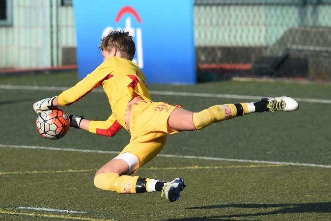 KCC Knights goalkeeper Marcus Moje saves during 2-nil loss to Wanderers in Division 1 of the Yau Yee League on Sunday Dec 18, 2016. (Bill Cox/Epoch Times)