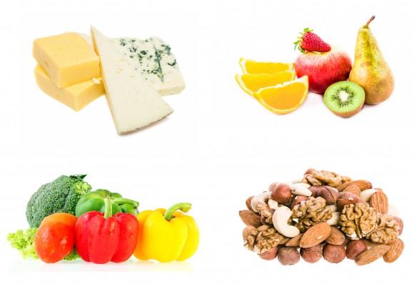 Asier Romero (cheese); Jurra8 (fruit); Eaks1979 (vegetable); Madlen (Nuts); Ifong/Shutterstock (Plate)