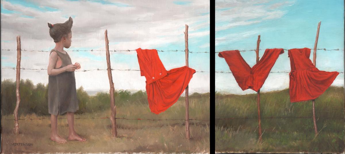 "School Laundry," 2015, by Gregory Mortenson (b. 1976). Oil on linen, 12 by 16 inches and 12 by 10 inches. (Courtesy of Gregory Mortenson)