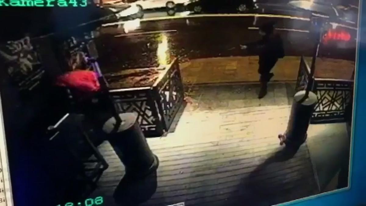 The attacker, armed with a long-barrelled weapon, shooting his way into the Reina nightclub in Istanbul, Turkey. (CCTV/Haberturk Newspaper via AP)