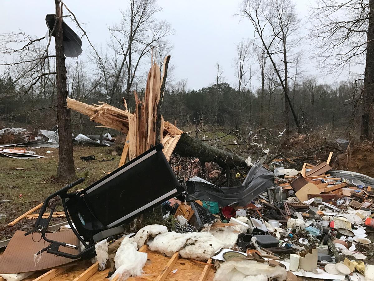 Debris lies on the ground after a storm south of Mount Olive, Miss., moved through on Jan. 2, 2017. (Ryan Moore/WDAM-TV via AP)