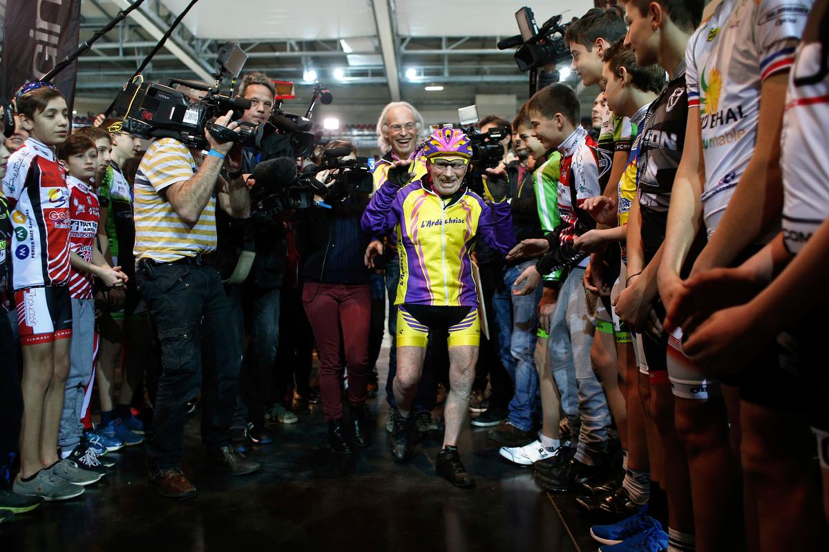 French cyclist Robert Marchand, aged 105, arrives prior to cycle in a bid to beat his record for distance cycled in one hour, at the velodrome of Saint-Quentin en Yvelines, outside Paris on Jan. 4, 2017. (AP Photo/Thibault Camus)