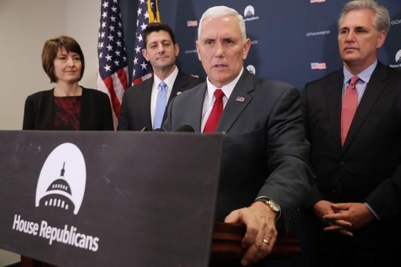 U.S. Vice President-elect Mike Pence (3rd L) joins House Republican leaders (L-R) Rep. Cathy McMorris Rogers (R-WA), Speaker of the House Paul Ryan (R-WI) and Majority Leader Kevin McCarthy (R-CA) for a news conference following a GOP conference meeting at the U.S. Capitol January 4, 2017 in Washington, DC. Pence met with GOP members to talk about a plan for repealing and replacing Obamacare. (Chip Somodevilla/Getty Images)