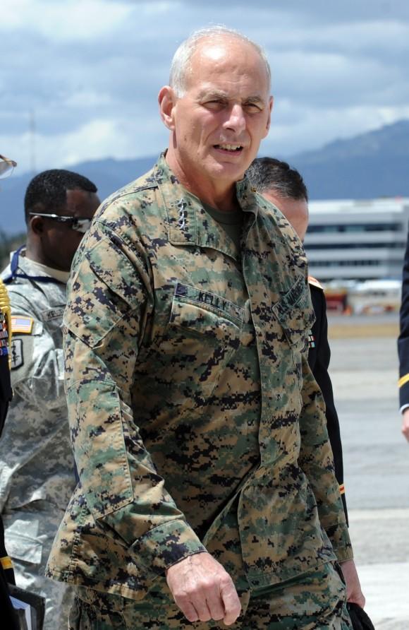 The commander of the US Southern Command, General John Kelly (C) arrives at the Guatemalan Air Force base in Guatemala City on March 2, 2015. (JOHAN ORDONEZ/AFP/Getty Images)