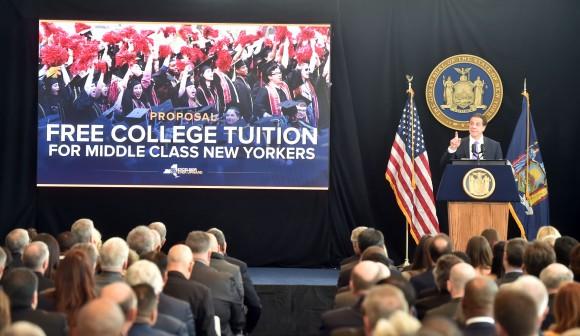 New York Gov. Andrew Cuomo talks about his plan for tuition-free public college for families of income under $125,000 at his State of the State address in New York, Jan. 9, 2017. (Office of Governor Andrew M. Cuomo)