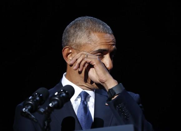 President Barack Obama wipes away tears while speaking during his farewell address at McCormick Place in Chicago, Tuesday, Jan. 10, 2017. (AP Photo/Pablo Martinez Monsivais)