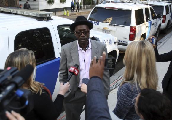 Tyrone Sanders the father of, 26-year-old Tywanza speak to the media after the death sentence hearing for Dylann Roof on Wednesday, Jan. 11, 2017 in Charleston, S.C. (Leroy Burnell/The Post And Courier via AP)