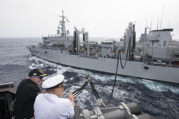 Secretary of the Navy (SECNAV) Ray Mabus, left, observes an underway replenishment with Adm. Giuseppe De Giorgi, chief of the Italian navy, while aboard the guided-missile destroyer USS Mason (DDG 87) on June 16, 2016. The Italian navy auxiliary ship ITS Etna (A5326) provided Mason with biofuel, made from waste fat beef and inedible vegetable oil, as part of the Great Green Fleet initiative. (Armando Gonzales/US Navy/Getty Images)