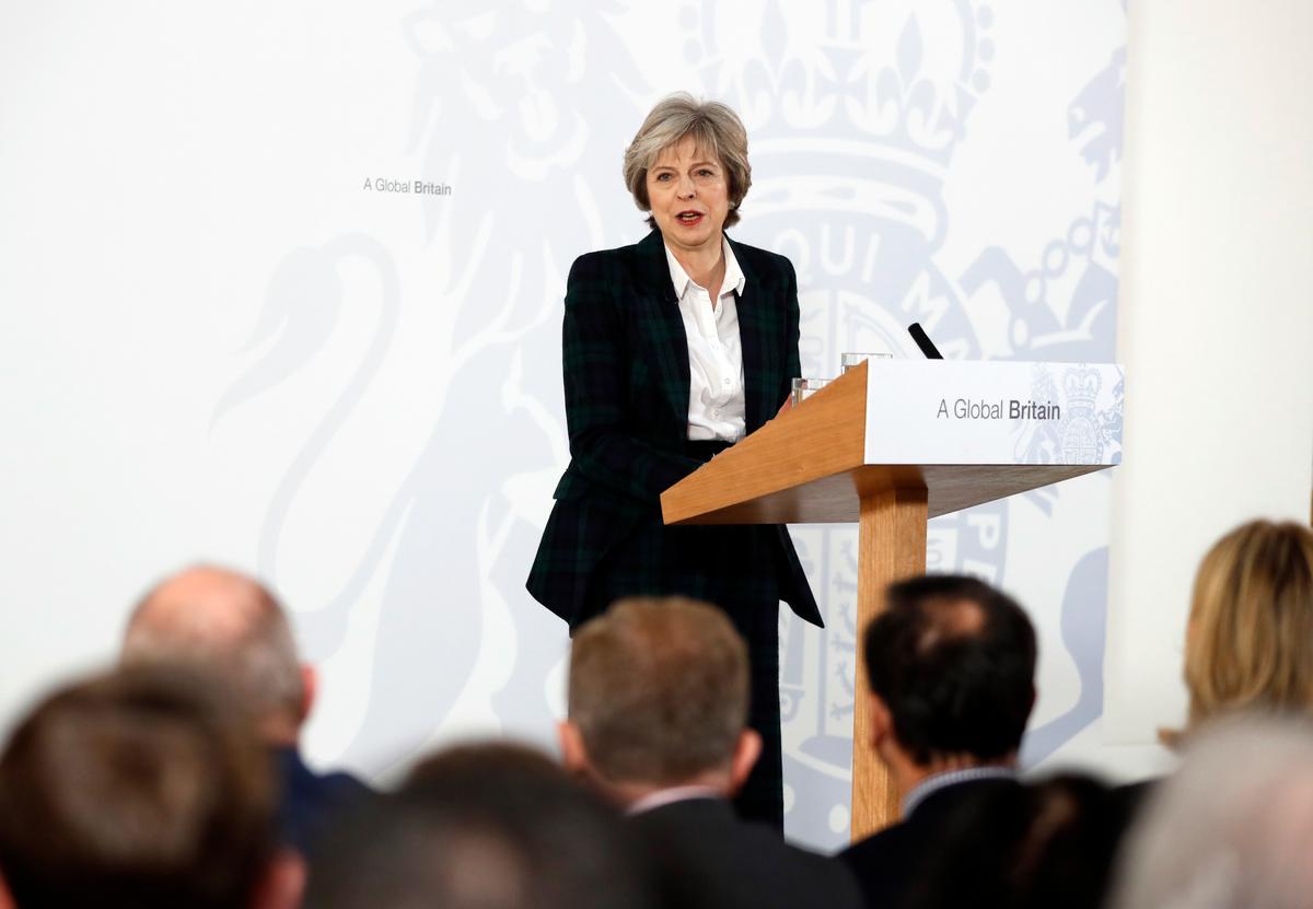 Britain's Prime Minister Theresa May delivers a speech on leaving the European Union at Lancaster House in London on Jan. 17, 2017. (AP Photo/Kirsty Wigglesworth, pool)
