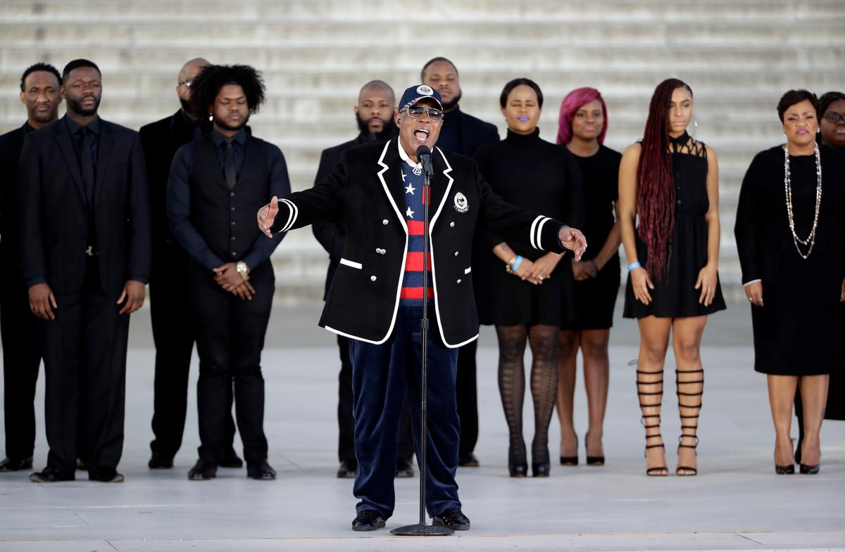 Singer Sam Moore performs during a pre-Inaugural "Make America Great Again! Welcome Celebration" at the Lincoln Memorial in Washington on Jan. 19, 2017. (AP Photo/David J. Phillip)