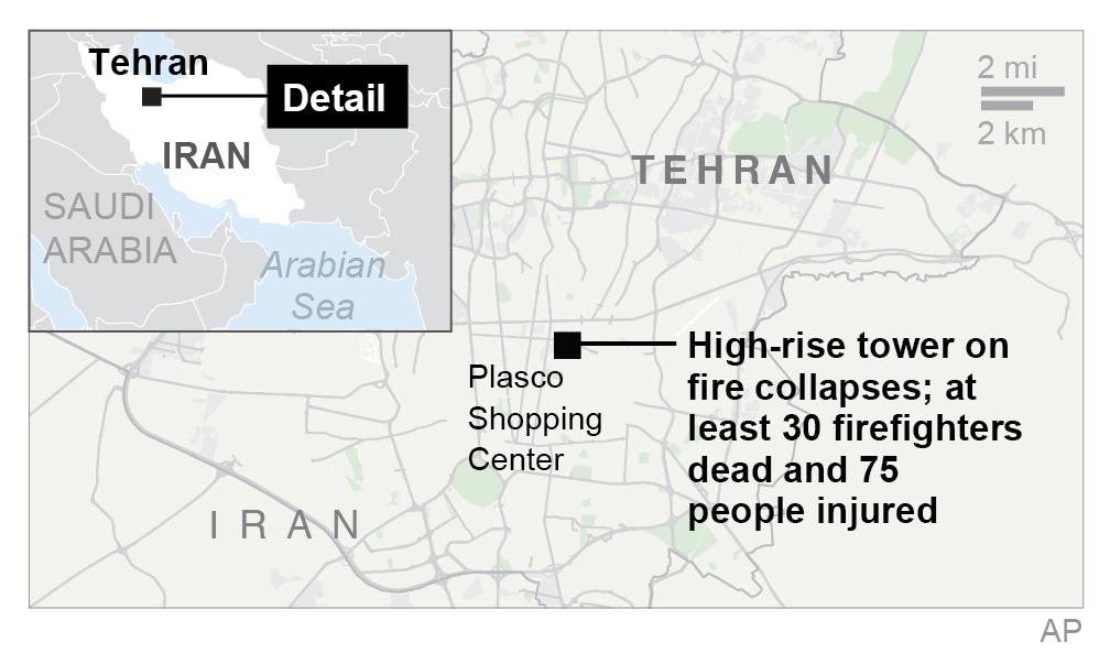 Map locates Plasco building in Tehran, Iran (Via AP)