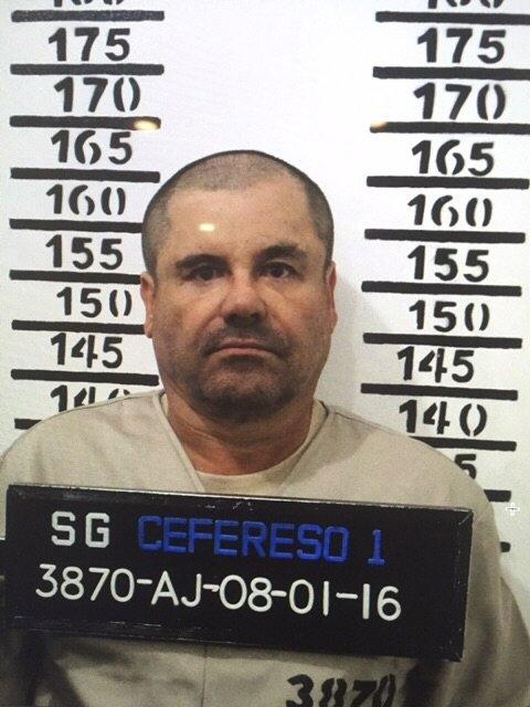 In this Jan. 8, 2016 file photo released by Mexico's federal government, Mexico's drug lord Joaquin "El Chapo" Guzman stands for his prison mug shot with the inmate number 3870 at the Altiplano maximum security federal prison in Almoloya, Mexico. (Mexico's federal government via AP, File)