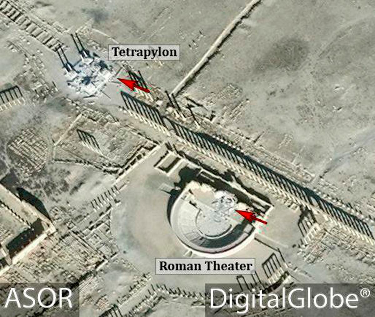 This satellite image released by the American Schools of Oriental Research (ASOR) on Friday, Jan. 20, 2017 as captured by DigitalGlobe shows the Roman theater at the UNESCO World Heritage Site of Palmyra, Syria with red denoting area of new damages on Jan. 10, 2017. (ASOR/ DigitalGlobe via AP)