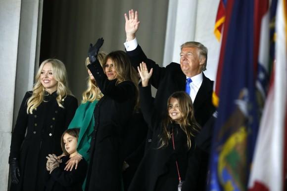President-elect Donald Trump and family pose at the end of the inauguration concert at the Lincoln Memorial in Washington, DC on Jan. 19, 2017. Hundreds of thousands of people are expected tomorrow for Trump's inauguration as the 45th president of the United States. (Aaron P. Bernstein/Getty Images)