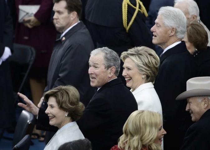 Former President George W. Bush, left, his wife Laura, Former Secretary of State Hillary Clinton and Former President Bill Clinton wait for the 58th Presidential Inauguration for President-elect Donald Trump at the U.S. Capitol in Washington, Friday, Jan. 20, 2017. (AP Photo/Matt Rourke)