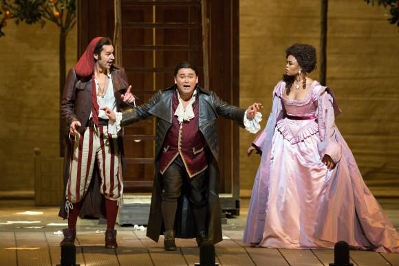 Figaro (Peter Mattei) helps Count Almaviva (Javier Camarena) win his lady love Rosina (Pretty Yende) in "Il Barbiere di Siviglia." (Marty Sohl/Metropolitan Opera)