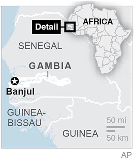 Map locates the country of Gambia and its captial.