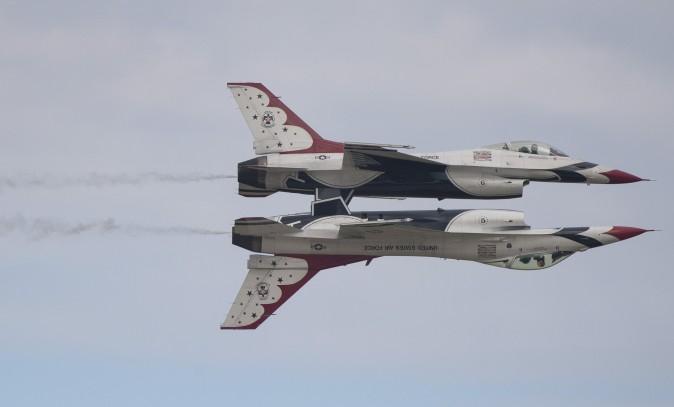 Two US Air Force F-16 Thunderbirds perform during the airshow at Joint Andrews Air Base in Maryland on Sept. 16. (ANDREW CABALLERO-REYNOLDS/AFP/Getty Images)