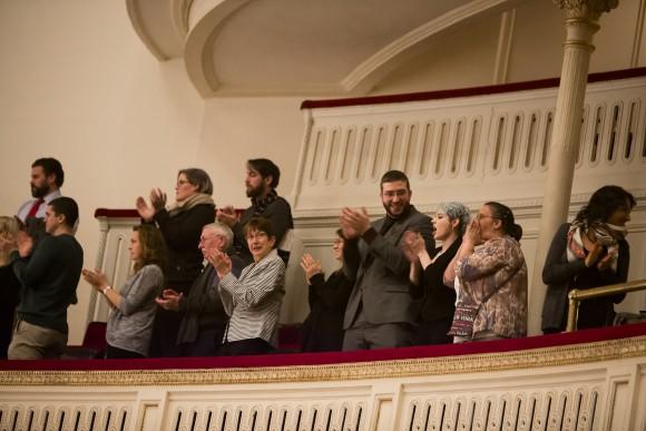 Audience members give a standing ovation after "Cantata Memoria" by Sir Karl Jenkins at Carnegie Hall, conducted by Jonathan Griffiths, in New York City on Jan. 15, 2017. (Samira Bouaou/Epoch Times)