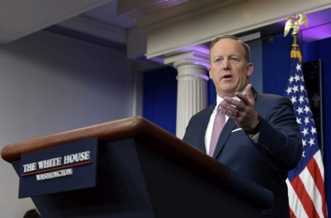 White House press secretary Sean Spicer speaks during the daily briefing at the White House in Washington, Monday, Jan. 23, 2017. Spicer answered questions about prescriptions drug costs, trade, President Donald Trump's schedule among other topics. (AP Photo/Susan Walsh)