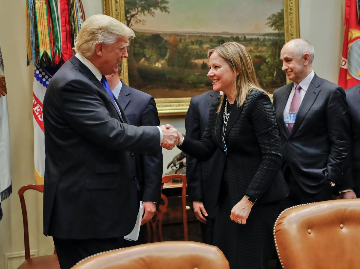 President Donald Trump greets GM CEO Mary Barra as he hosts a breakfast with automobile leaders in the Roosevelt Room of the White House in Washington on Jan. 24, 2017. (AP Photo/Pablo Martinez Monsivais)