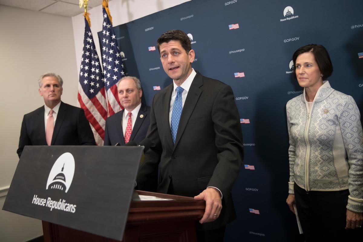 House Speaker Paul Ryan of Wis., joined by (L-R) House Majority Leader Kevin McCarthy of Calif., House Majority Whip Steve Scalise of La., and Rep. Mimi Walters, R-Calif., meets reporters on Capitol Hill in Washington on Jan. 24, 2017. (AP Photo/J. Scott Applewhite)