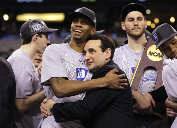 Duke coach Mike Krzyzewski and guard Lance Thomas embrace after Duke's 61-59 win over Butler in the men's NCAA Final Four championship game in Indianapolis on April 5, 2010. One of the all-time upsets nearly came to be when Gordon Hayward's heave from half court hit the backboard and the front rim before bouncing out at the buzzer to give the Blue Devils a 61-59 victory. (AP Photo/Michael Conroy, File)