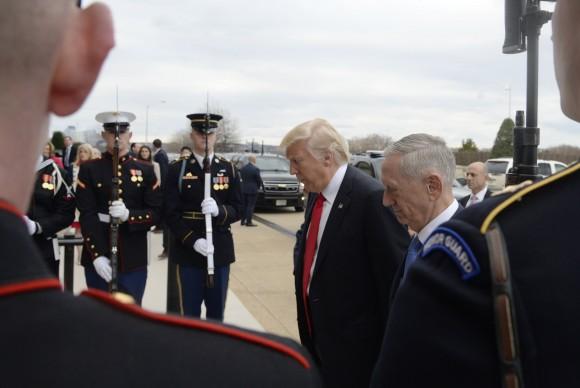 Defense Secretary Gen. James Mattis greets President Donald Trump at the Pentagon in Arlington, Virginia on Jan. 27, 2017. (Olivier Douliery-Pool/Getty Images)