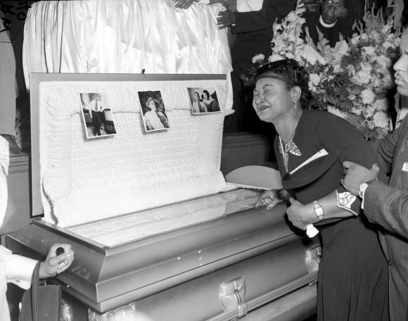 In this file photo, Mamie Till Mobley weeps at her son's funeral in Chicago, on Sept. 6, 1955. (AP Photo/Chicago Sun-Times) /Chicago Sun-Times via AP)