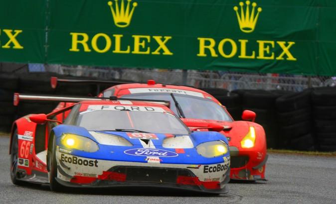 The #66 Ford GT fights off the #62 Risi Ferrari to retain the lead in GT Le Mans. (Chris Jasurek/Epoch Times)