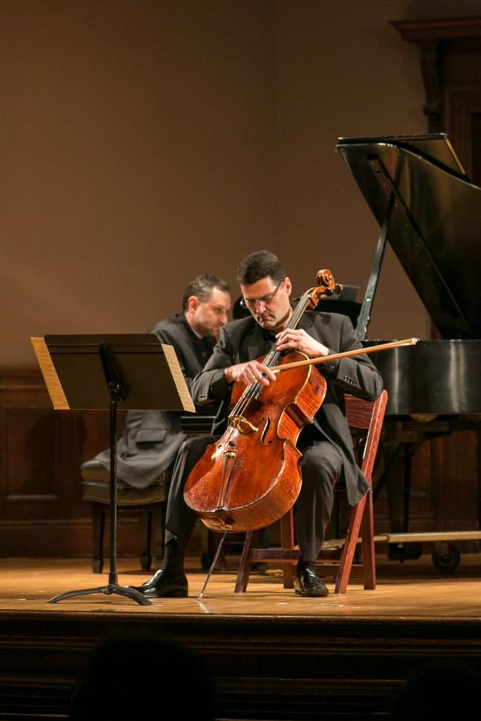 Pianist Vsevolod Dvorkin and cellist Rafael Figueroa play Schubert's Arpeggione Sonata, D821 during a Romantic Vienna performance at Columbia University in New York on Jan. 26. (Benjamin Chasteen/Epoch Times)