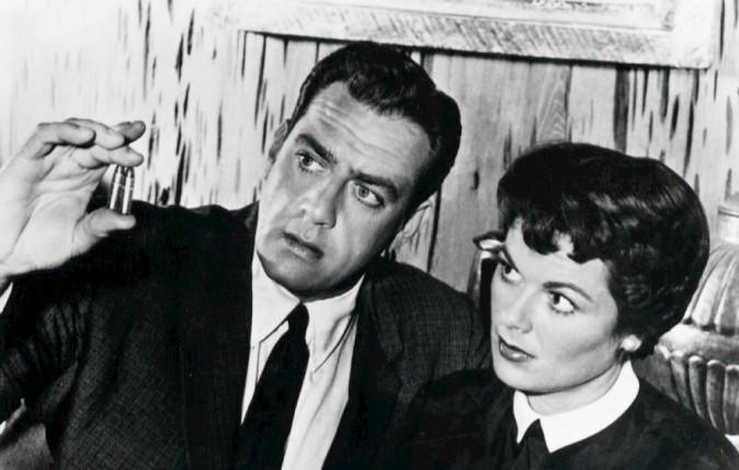 Raymond Burr and Barbara Hale in the CBS-TV series, Perry Mason in 1958 (Public Domain)