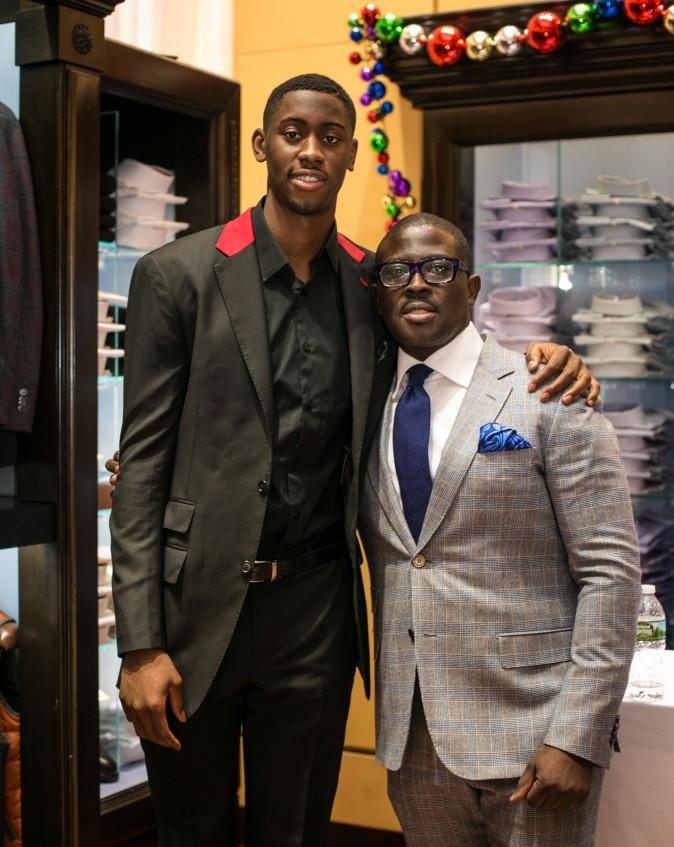Brand ambassador Brooklyn Net Caris LeVert (L) at the Eredi Pisanò boutique event which was celebrating 15 years on Madison Avenue in New York on Dec. 21, 2016. (Benjamin Chasteen/Epoch Times)
