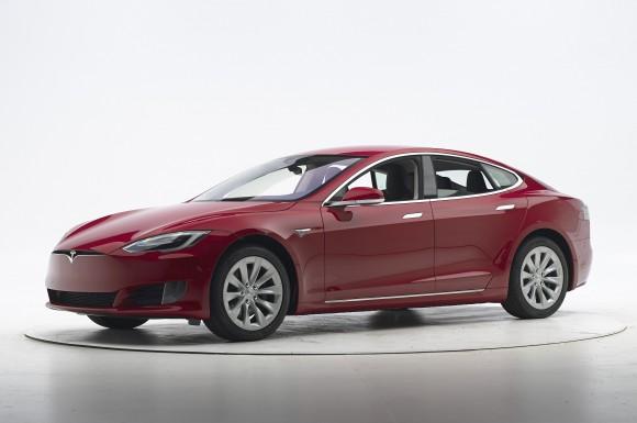 This Sept. 7, 2016, photo provided by the Insurance Institute for Highway Safety shows a Tesla Model S before crash safety testing. (Matt Daly/Insurance Institute for Highway Safety via AP)