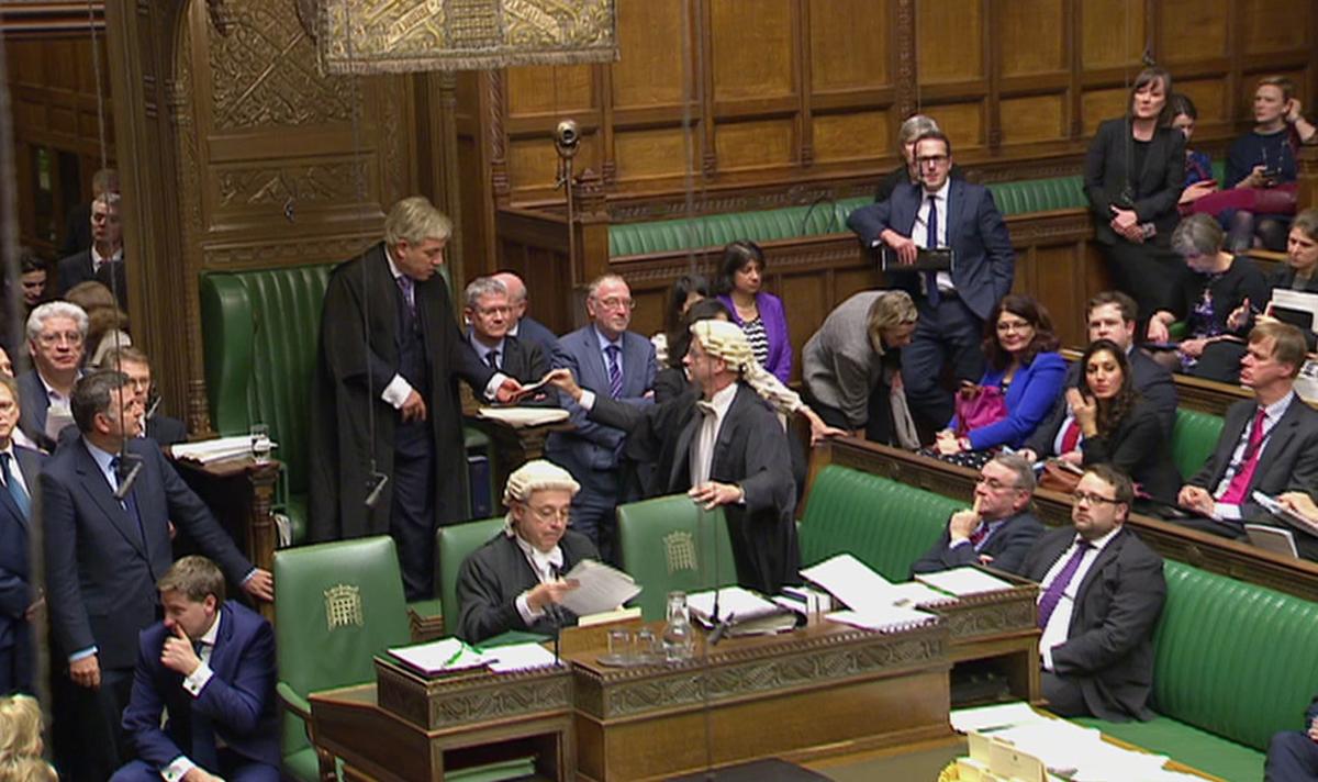This image taken from Parliamentary Recording Unit TV shows the result of the parliamentary vote in favour of the British Government's Brexit Bill being handed to the Speaker of the House of Commons on Feb. 1, 2017. (AP Photo/Parliamentary Recording Unit, via AP)