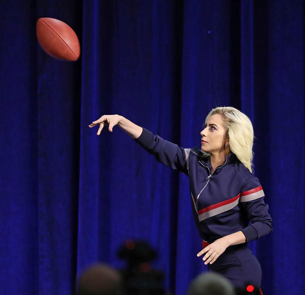 Lady Gaga during an NFL football news conference about the halftime show for Super Bowl 51 in Houston on Feb. 2, 2017. (Curtis Compton/Atlanta Journal-Constitution via AP)