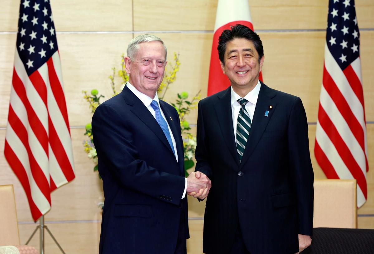 U.S. Defense Secretary Jim Mattis (L) and Japanese Prime Minister Shinzo Abe at the prime minister's office in Tokyo on Feb. 3, 2017. (AP Photo/Eugene Hoshiko, Pool)