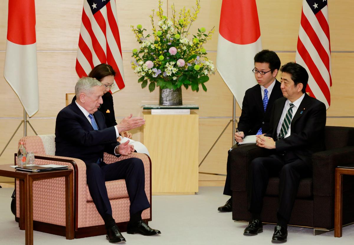 U.S. Defense Secretary Jim Mattis (L) talks with Japanese Prime Minister Shinzo Abe (R) at the prime minister's office in Tokyo on Feb. 3, 2017. (AP Photo/Eugene Hoshiko, Pool)