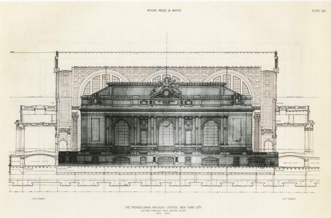 A section collage by Richard Cameron showing the facade of Grand Central Terminal inside the waiting room of the original Penn Station designed by McKim, Mead & White. (Courtesy of Richard Cameron)