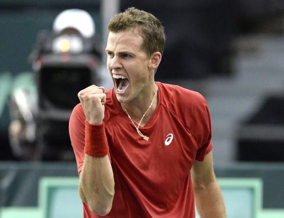Canada's Vasek Pospisil celebrates after a point against Great Britain's Daniel Evans on Feb. 5, 2017 in Ottawa. (The Canadian Press/Justin Tang)