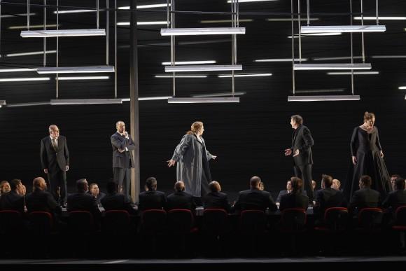 (L-R) Martin Gantner as Gunther, Ain Anger as Hagen, Christine Goerke as Brünnhilde, Andreas Schager as Siegfried and Ileana Montalbetti as Gutrune the Canadian Opera Company's 2017 production of "Götterdämmerung." (Michael Cooper)