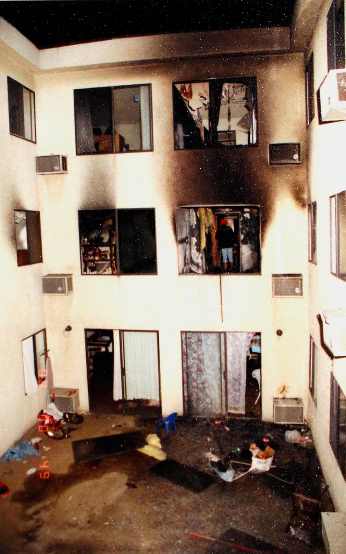 The scene of a deadly fire that struck an apartment building in the Westlake district of Los Angeles, taking the lives of 12 people including the deaths of late-term fetuses. (Los Angeles Police Department via AP)