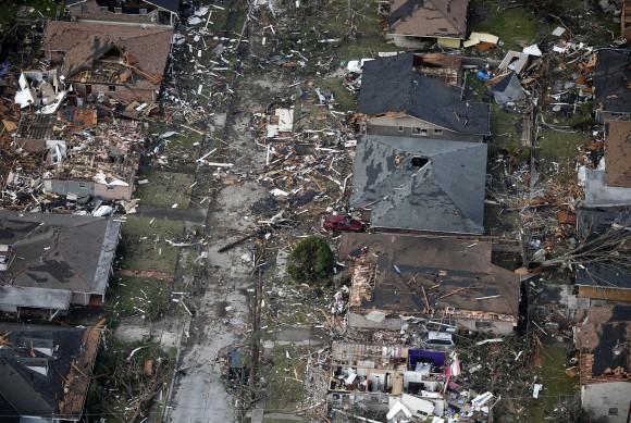 Destroyed and damaged homes are seen in this aerial photo, after a tornado tore through the eastern neighborhood in New Orleans, Tuesday, Feb. 7, 2017. (AP Photo/Gerald Herbert)
