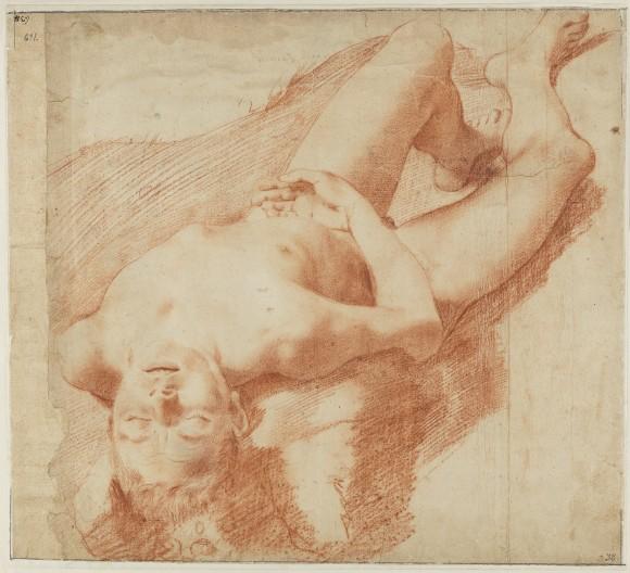 "Nude Study of a Young Man Lying on his Back," circa 1583-1585, by Annibale Carracci (Italian, 1560–1609). Red chalk. (Nationalmuseum of Sweden)