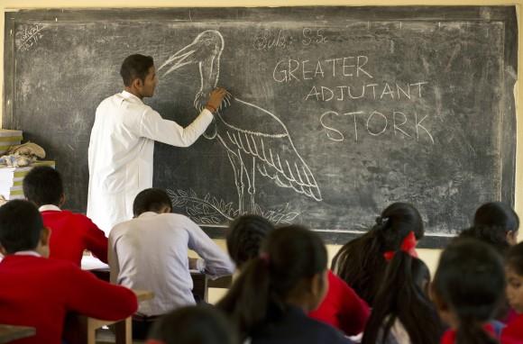 A teacher of Sankardev Sishu Niketan school draws a Greater Adjutant Stork, an endangered bird with a total population of 1,200 in the world, on a blackboard at Dadara village, west of Gauhati, India, on Feb. 6, 2017. (AP Photo/Anupam Nath)