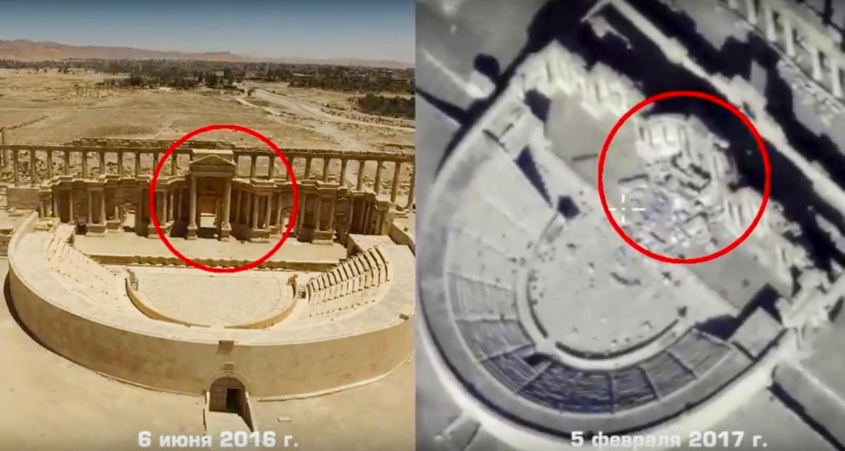 This photo combo, made from footage taken from the Russian Defense Ministry official website, purports to show the Roman-era amphitheater on June 6, 2016 (L) and on Feb. 5, 2017 (R) in Palmyra, Syria. (Russian Defense Ministry Press Service, via AP)