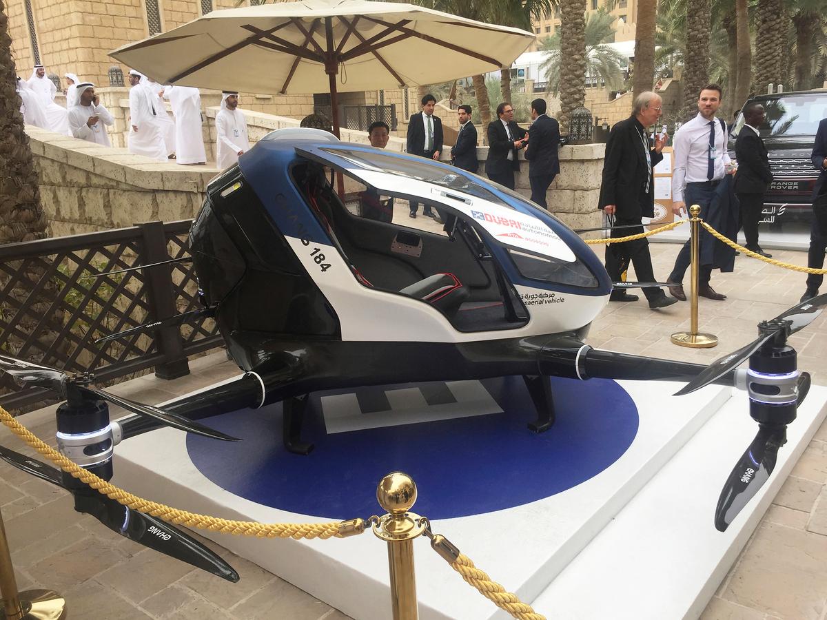 A model of EHang 184 and the next generation of Dubai Drone Taxi during the second day of the World Government Summit in Dubai, United Arab Emirates on Feb. 13, 2017. (AP Photo/Jon Gambrell)
