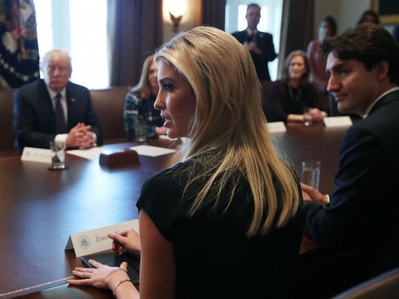 President Donald Trump (L), Canadian Prime Minister Justin Trudeau (R) and Ivanka Trump (C), listen to women speak during roundtable discussion on the advancement of women entrepreneurs and business leaders at the White House in Washington on Feb. 13, 2017. Later in the day the two leaders are scheduled to speak to the media at a news conference. (Mark Wilson/Getty Images)