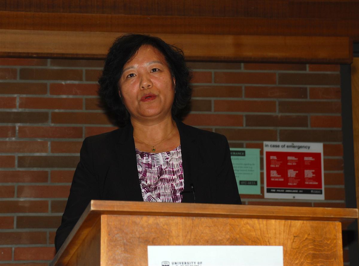 Zhang Ping, a Calgary resident who was forced into detention for more than 1,000 days over the past 18 years by the Chinese regime for her practice of Falun Gong, speaks after the screening of the "Human Harvest" documentary at the University of Alberta on Feb. 3, 2017. (Epoch Times)