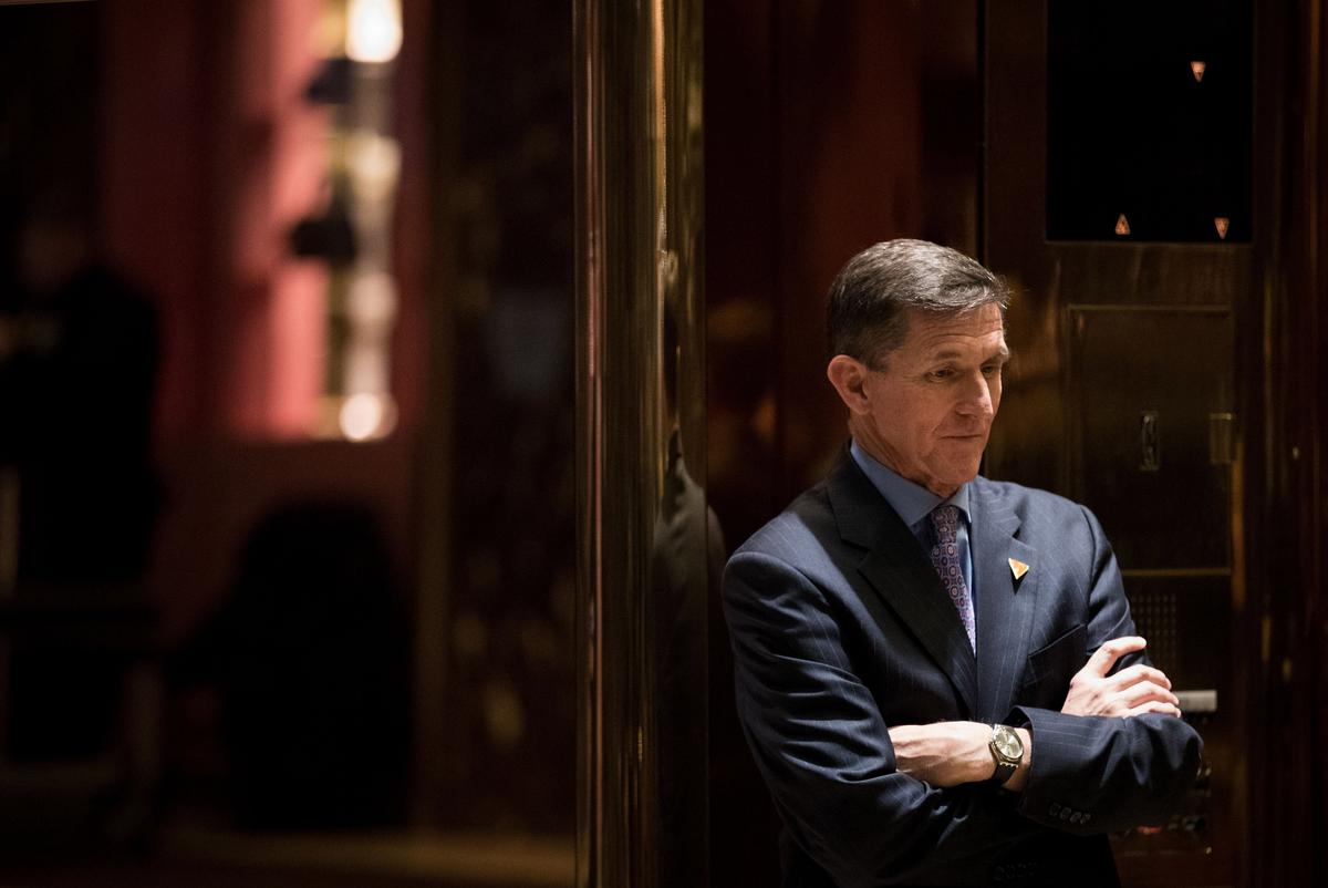 Gen. Michael Flynn in the lobby at Trump Tower in New York on Dec. 12, 2016. (Drew Angerer/Getty Images)